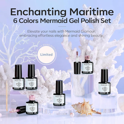 Pearl Gel Nail Polish Set, 6 Colors Aurora Iridescent Shimmer White Pink Purple Mermaid Nail Drawing Gel Polish Soak off Led Glitter Nail Polish Swirl Shell Thread Effect DIY Gift