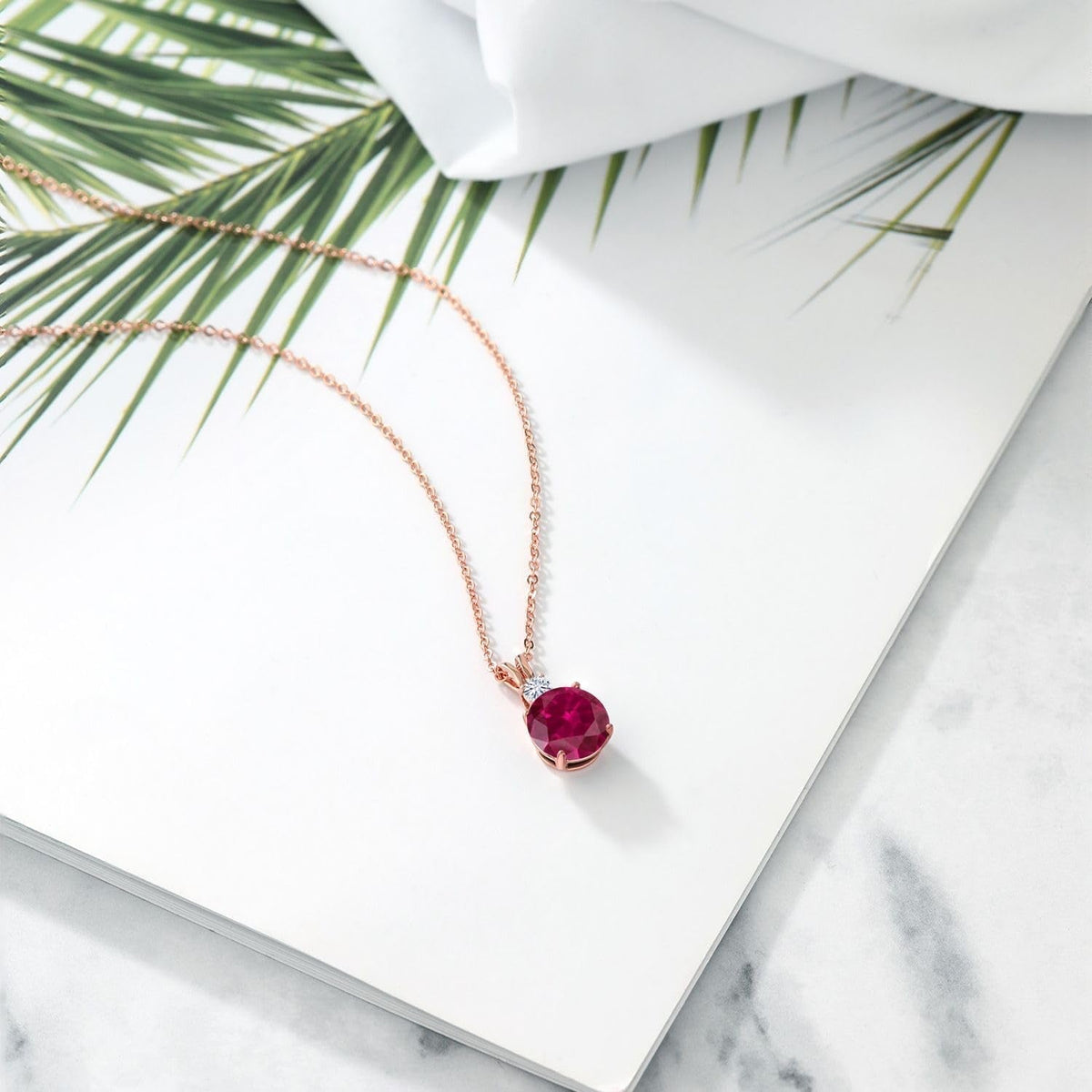 18K Rose Gold Plated Silver Red Created Ruby and White Moissanite Pendant Necklace for Women (4.16 Cttw, round 10MM, with 18 Inch Chain)