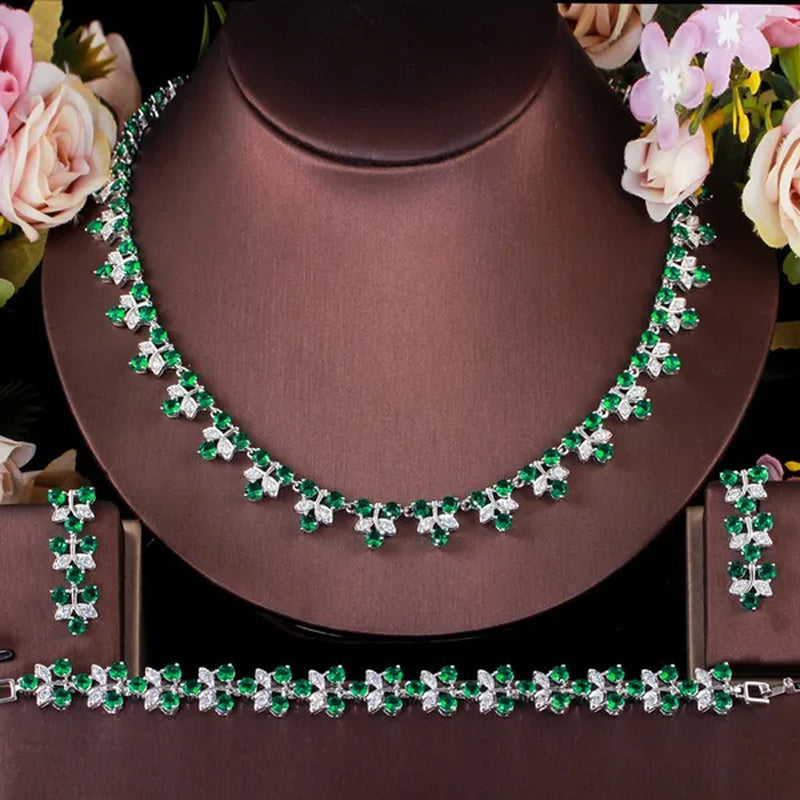 CANDICE Prom Party 3Pcs Jewelry Set Pave Blue Cubic Zircon Leaf Flower Charm Necklace Earrings and Bracelet for Ladies