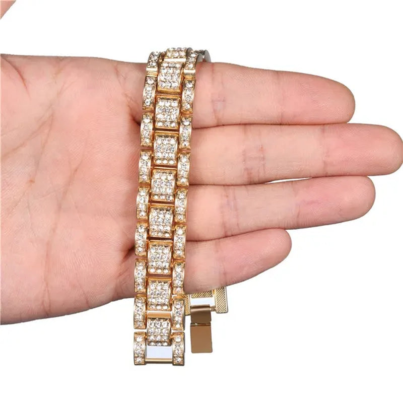 Fashion Men 24K Gold / 925 Silver Plated Solid Stainless Steel Bracelet Iced DIAMOND Link Chain Bracelet 8.26 Inch