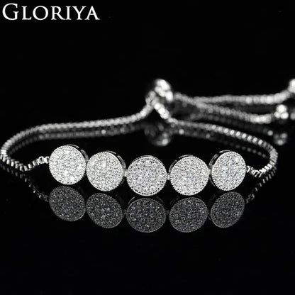 Gloriya Glitter 5 Pcs Round Shaped Full Micro Inlay Tiny CZ Zirconia Designer Bar Slider Bracelet Women Jewelry With White Gold Plated（Size :Adjustable）