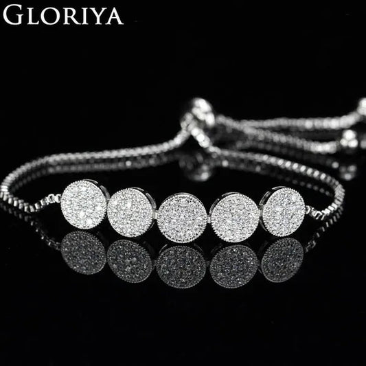 Gloriya Glitter 5 Pcs Round Shaped Full Micro Inlay Tiny CZ Zirconia Designer Bar Slider Bracelet Women Jewelry With White Gold Plated（Size :Adjustable）