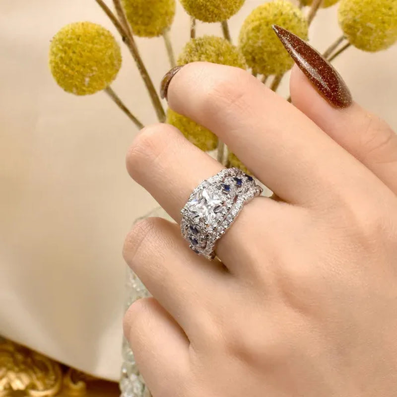 Newshe 3Pcs Princess Halo CZ Wedding Engagement Ring Sets Vintage Style Bridal Sets For Women 925 Sterling Silver Sz 4.5-13