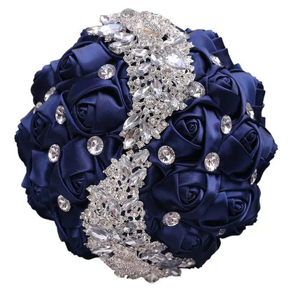 18CM Silk Rose Ribbon Wedding Bouquet Shiny Diamond Brooch Bridal Bouquet Creative Handmade DIY Bridesmaids Holding Flowers Wedding Party Simulation Flower