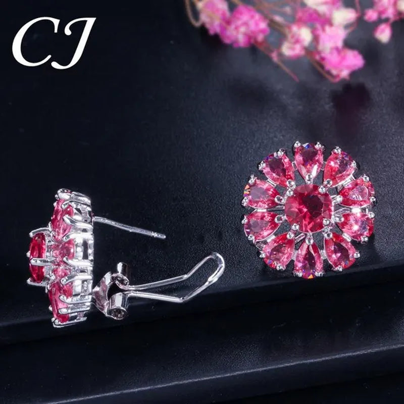 CANDICE Elegant Flower Jewelry Set Paved Green Stones Fashion Sterling Silver Plated Pendant Necklace Earrings Ring Sets