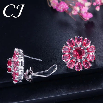 CANDICE Elegant Flower Jewelry Set Paved Green Stones Fashion Sterling Silver Plated Pendant Necklace Earrings Ring Sets