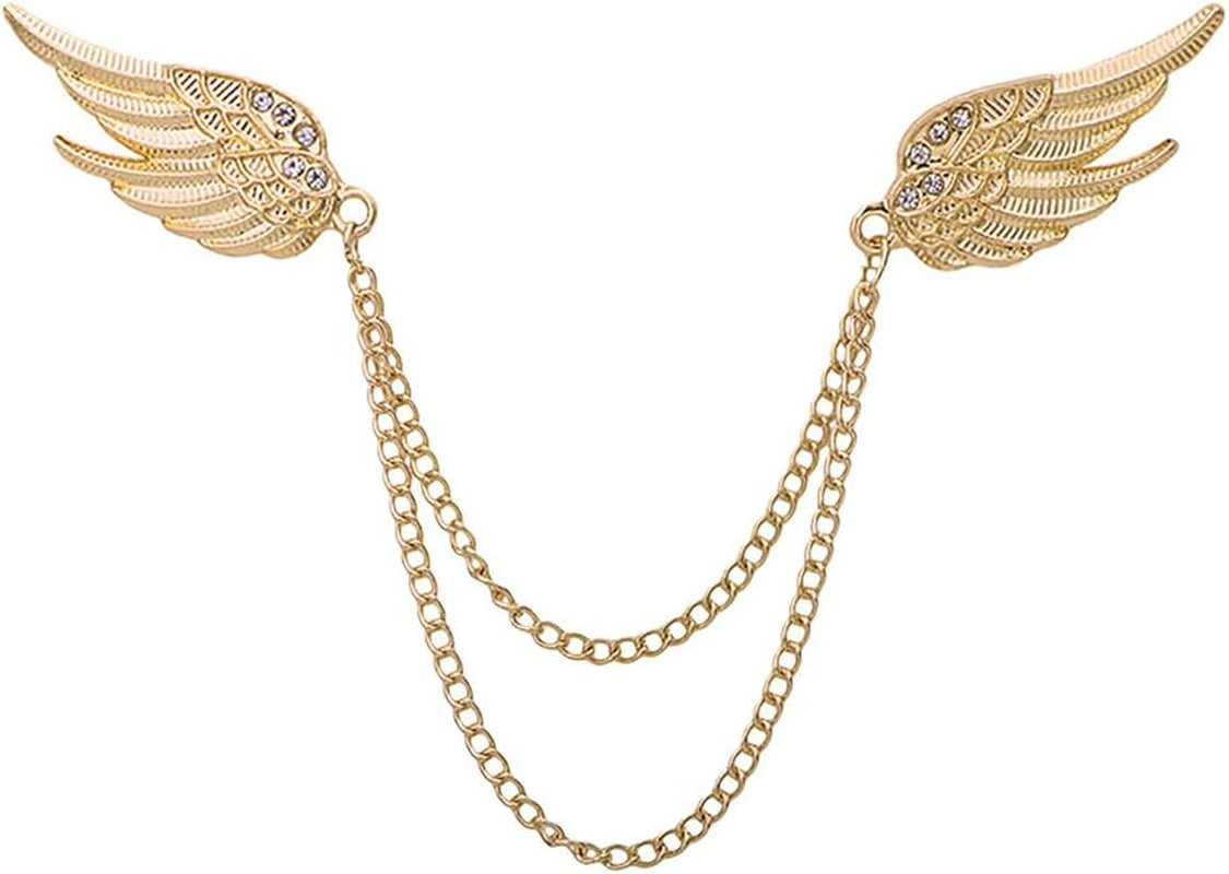 Angel Wings Tassel Chain Brooch Collar Pins. Rhinestone Metal Feather Lapel Pin, Suit Coat Breastpin for Women Men'S Accessories