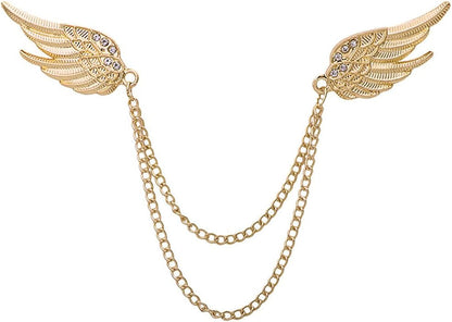 Angel Wings Tassel Chain Brooch Collar Pins. Rhinestone Metal Feather Lapel Pin, Suit Coat Breastpin for Women Men'S Accessories