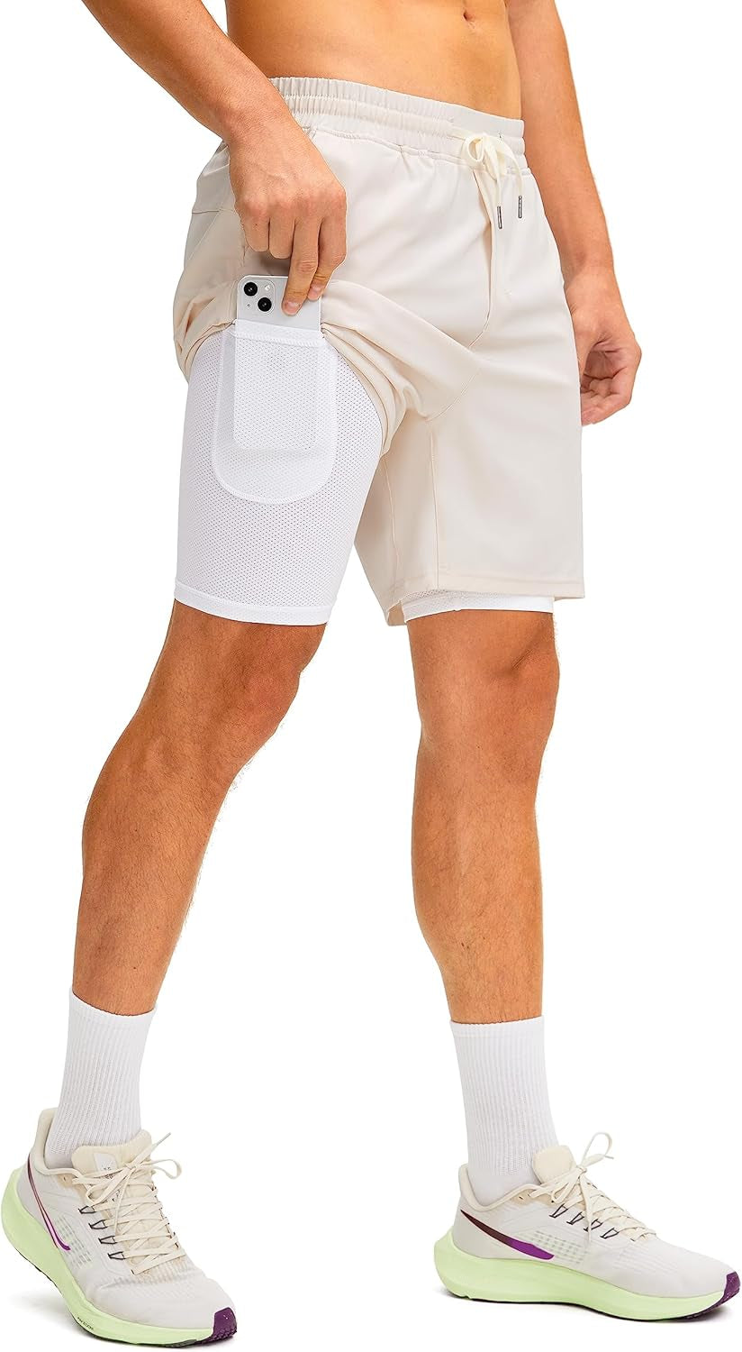 Men'S 2 in 1 Running Shorts with Liner 7 Inch Training Gym Athletic Workout Shorts for Men with Zipper Pockets