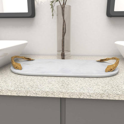 White Marble Decorative Tray with Gold Twisted Leaf Handles