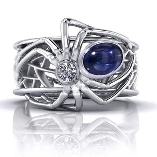 Unique Punk  Silver Creative Spider Spider Ring Punk Style Man Inlay Sapphire Ring Anniversary Statement Natural Gemstones Ring