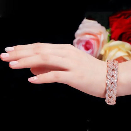 Gloriya Dubai Fashion Women Jewelry Full Micro Pave Tiny Bling AAA Cubic Zirconia Gold Rose Silver Plated Open Cuff Bangle Tennis Bracelet for Prom Party