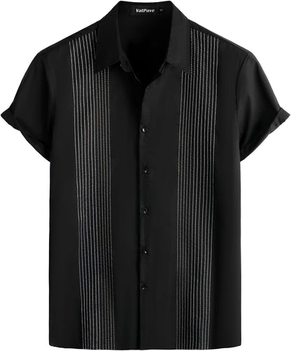 Mens Hawaiian Cotton Linen Shirts Casual Short Sleeve Button down Shirts Summer Beach Embroidered Shirts