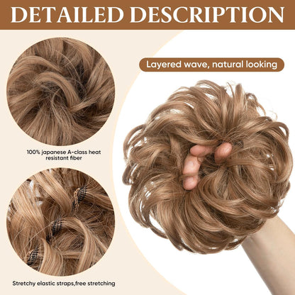 Large Messy Bun Hair Piece Wavy Curly Scrunchies Synthetic Chignon Ponytail Hair Extensions Thick Updo Hairpieces for Women Brunette/Ash Blonde