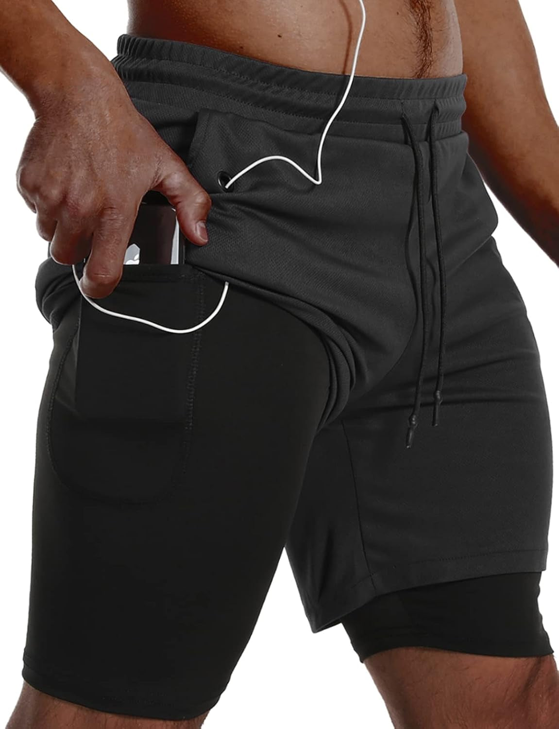 Mens 2 in 1 Running Shorts Quick Dry Gym Athletic Workout Shorts with Compression Liner