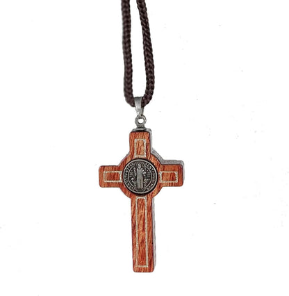 Saint Benedict Medal Wood Crucifix Cord Necklace for Men & Women – Handcrafted Religious Pendant, Healing, Travel Protection, Perfect for Gifting on Special Occasions, Made in Brazil