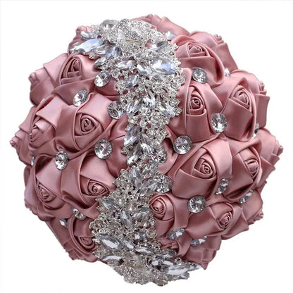 18CM Silk Rose Ribbon Wedding Bouquet Shiny Diamond Brooch Bridal Bouquet Creative Handmade DIY Bridesmaids Holding Flowers Wedding Party Simulation Flower