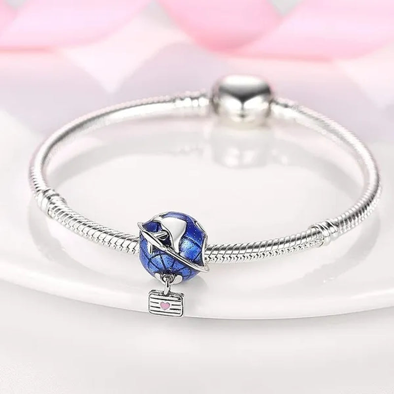 Summer Beach Travel Flying Bead Charm 925 Sterling Silver Blue Enamel Travel Pendant Charm for Women Bracelet & Necklace DIY