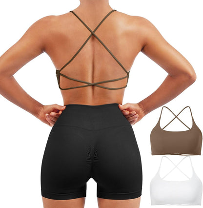 Women 2 Piece Open Back Sports Bra Pack Strappy Workout Gym Yoga Crops