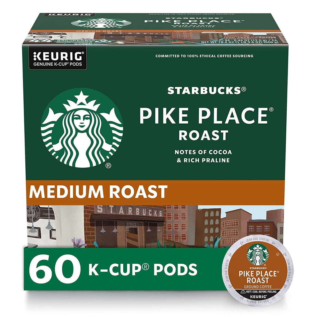 K-Cup Coffee Pods, Medium Roast Coffee, Pike Place Roast for Keurig Brewers, 100% Arabica, 6 boxes (60 pods total)