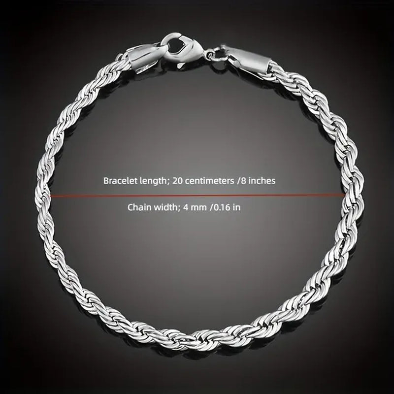 Fashion and Exquisite Men and Women 925 Silver Solid Silver 4Mm Rope Chain Necklace Bracelet (Necklace + Bracelet)