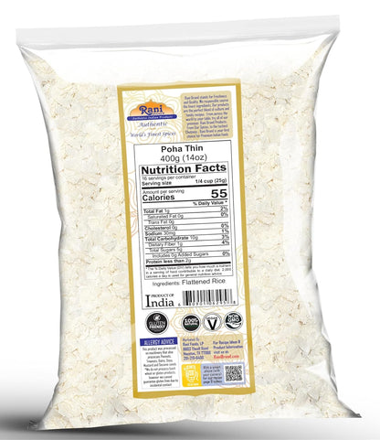 Rani Poha (Powa) Thin Cut (Flattened Rice) 14Oz (400G) ~ All Natural, Salt-Free | Vegan | Kosher | No Colors | Gluten Friendly | Indian Origin