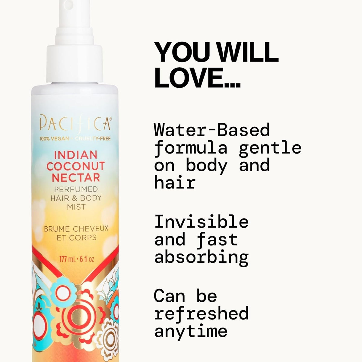 Beauty, Indian Coconut Nectar Hair Perfume & Body Spray, Coconut and Creamy Vanilla Scent, Natural & Essential Oils, Alcohol Free, Clean Fragrance, Vegan & Cruelty Free