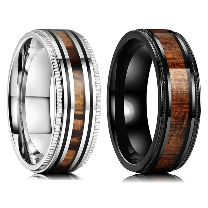 Luxury Jewelry Accessories Plus Size Mens Ring 8mm 316L Stainless Steel Wedding Ring Inlay Koa Wood Sawtooth Edge Titanium Steel Rings for Men