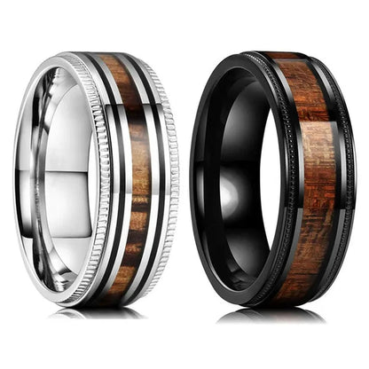 Luxury Jewelry Accessories Plus Size Mens Ring 8mm 316L Stainless Steel Wedding Ring Inlay Koa Wood Sawtooth Edge Titanium Steel Rings for Men