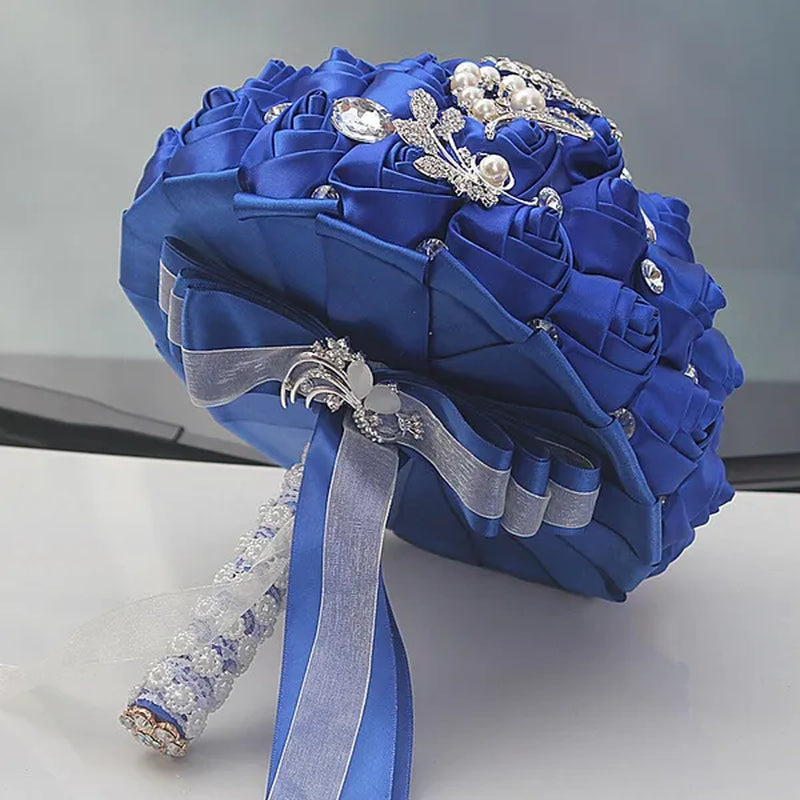24CM Customized Silk Rose Wedding Bouquet Sapphire blue Artificial Flowers Wedding Bridal Bouquet Luxury Crystal Pearl Brooch Bridesmaid Bride Holding Flowers