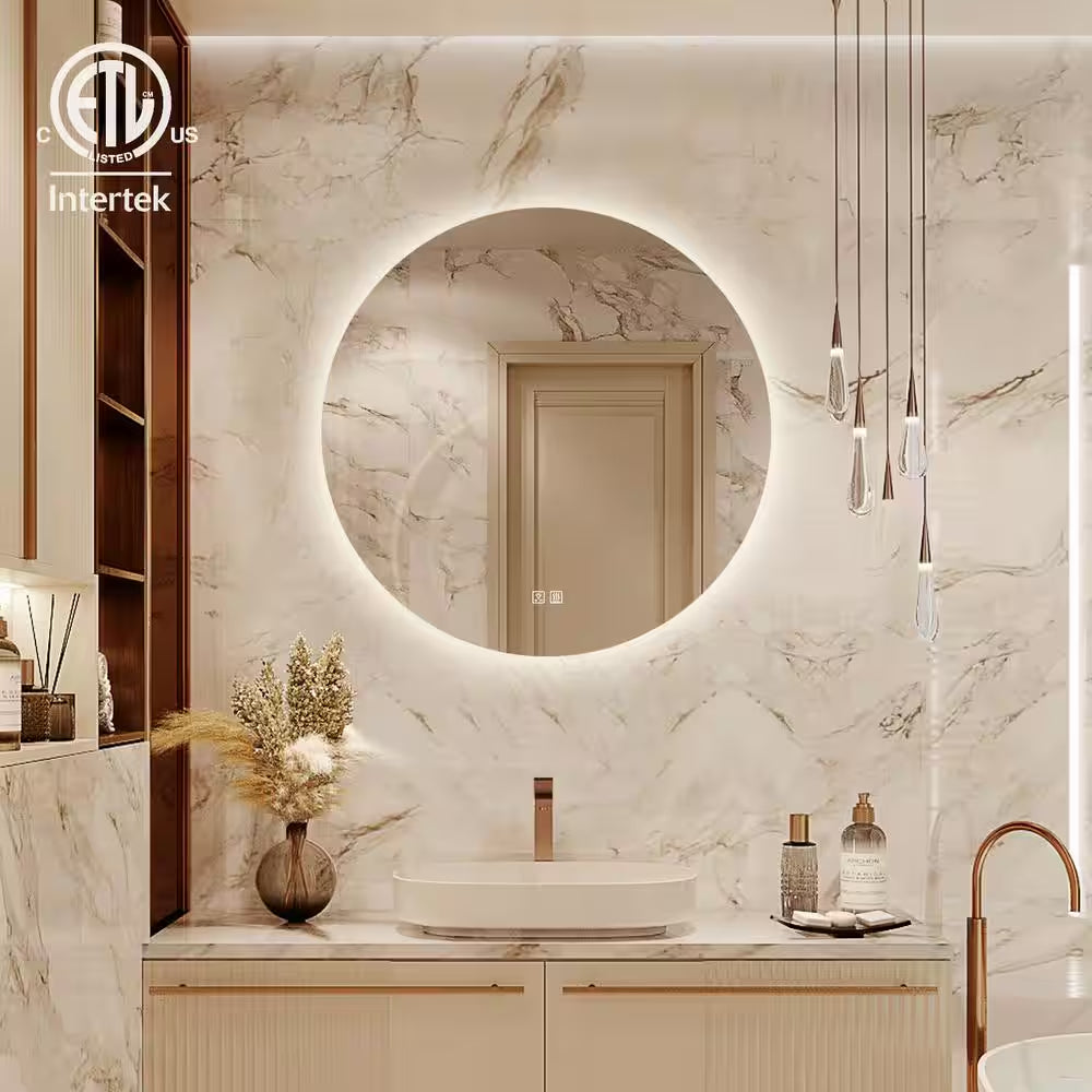 32 In. W X 32 In. H round Frameless LED Light with 3-Color and Anti-Fog Wall Mounted Bathroom Vanity Mirror