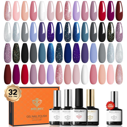 32Pcs Gel Nail Polish Set, 28 Colors 7ML Gel Polish Set with Glitter & Glossy & Matte Gel Top + Base Coat Pastel Macaron Colors, 2024 Spring Gel Polish Kit Trendy Nail Art for Women Girls