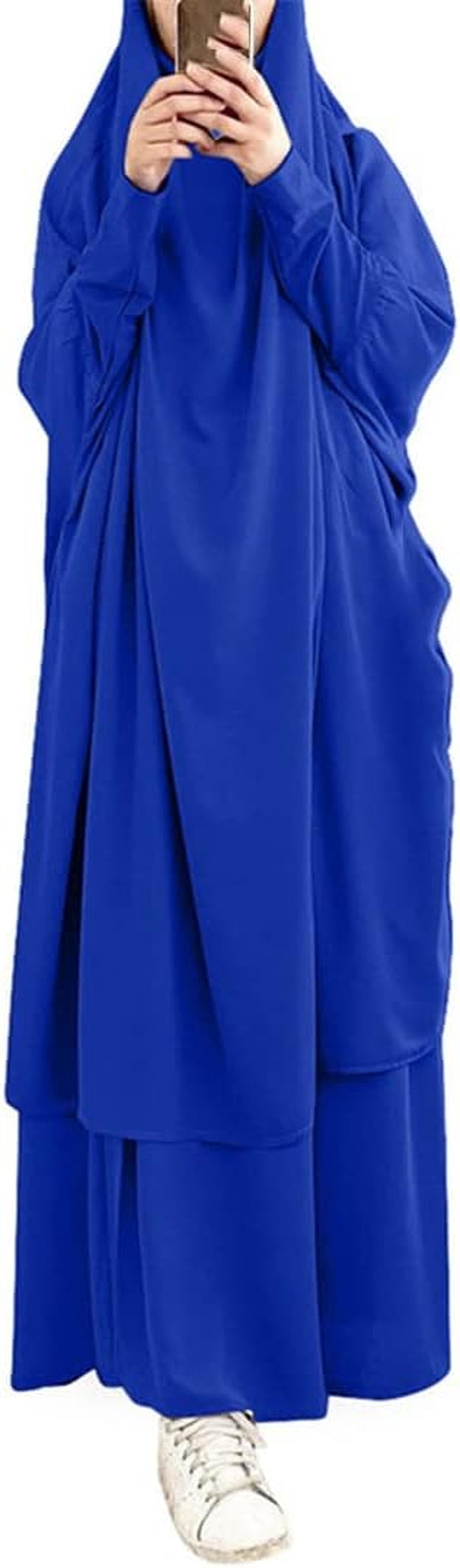 Eid Abaya Hijab Dress Prayer Garment Skirt Muslim Sets Abayat Ramadan Abayas for Women Long Robe Islam Clothing Color-Blue One Size