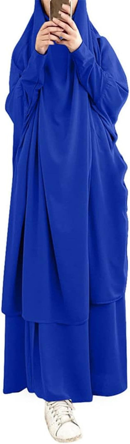 Eid Abaya Hijab Dress Prayer Garment Skirt Muslim Sets Abayat Ramadan Abayas for Women Long Robe Islam Clothing Color-Blue One Size