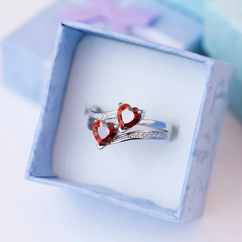 Fashion Elegance Silver Color Double Heart-Shaped Zircon Birthstone Bridal Princess Wedding Engagement Party Ring Size 5-11