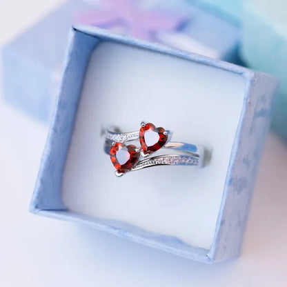 Fashion Elegance Silver Color Double Heart-Shaped Zircon Birthstone Bridal Princess Wedding Engagement Party Ring Size 5-11
