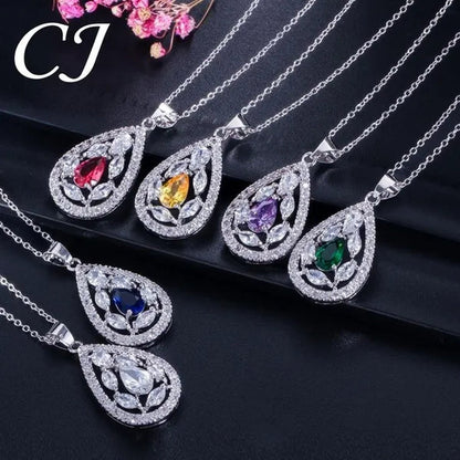 CANDICE Women's Sterling Silver Plated Jewelry Set Summer New Fashion Blue Zircon Necklace Pendant Earrings Ring（US 7-9)
