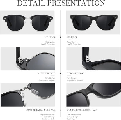 Sunglasses Men and Womens, Polarized Sunglasses for Men with UV Blocking Semi-Rimless Frame for Driving & Hiking