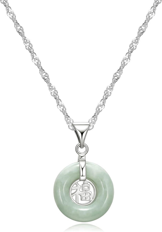.925 Sterling Silver Rhodium Plated Genuine Jade Necklaces for Women - Green Jade Good Fortune Fu Symbol Dainty and Lightweight Sterling Silver Necklace for Women, 18 Inch