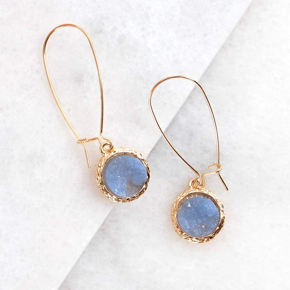 Humble Chic Simulated Druzy Threader Drop Earrings for Women - Gold, Silver, or Rose Gold Tone Trendy Boho Dangles with Sparkly Round Stone