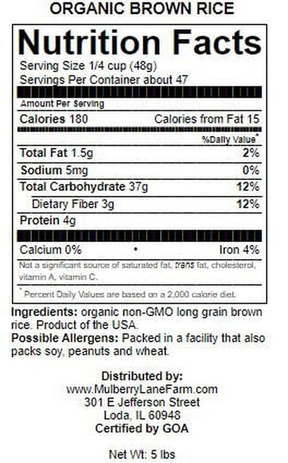Brown Rice 5 Pounds Long Grain, USDA Certified Organic Non-Gmo Bulk, Product of USA,
