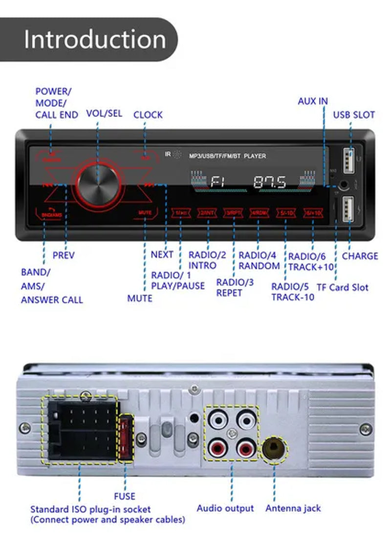 1DIN Touch Car Stereo 12V In-Dash Auto Radio Car MP3 Player Audio Music Stereo with Remote Control Fm/Bluetooth/Usb/Sd/Aux-In Colorful Lights +TF Card (Optional)