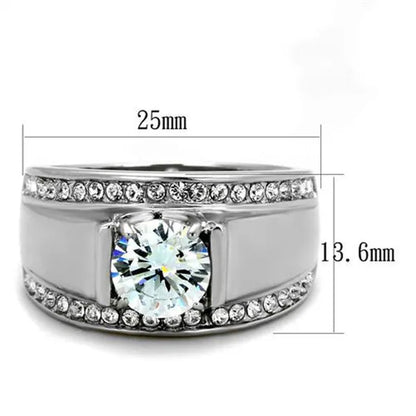 Men's 2.25 Ct Round Cut Simulated Diamond Silver Stainless Steel Ring Sizes 8-13