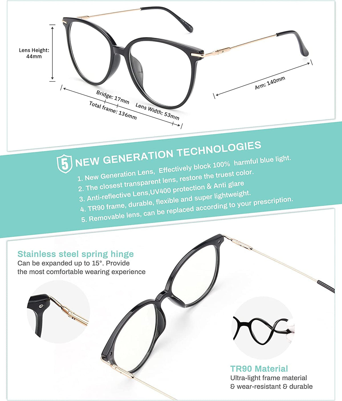 Blue Light Blocking Glasses Women/Men, Fashion Cat Eye Fake Eyeglasses UV Ray Filter Computer Gaming Glasses (Light Black Frames/Transparent Lens)