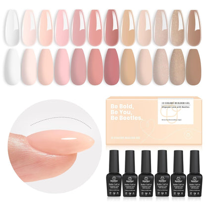 Beetles Builder Nail Gel 12 Pcs, 8-in-1 Pink Pastel Nude Gel Builder for Nails Beige White Colors Hard Gel Builder Extension Gel Nail Strengthener Nail Art Design Spring Gifts for Girls and Women