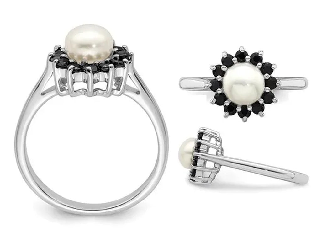 Freshwater Cultured Pearl Ring with Blue Sapphires in Sterling Silver