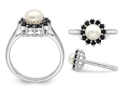 Freshwater Cultured Pearl Ring with Blue Sapphires in Sterling Silver