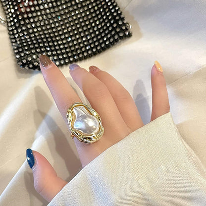 Baroque 18K Gold Pearl Statement Ring - Adjustable Chunky Pearl Wedding Jewelry for Women