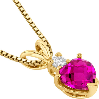 14K Yellow Gold Created Ruby with Genuine Diamond Pendant for Women, Heart Shape Solitaire, 6Mm, 1 Carat Total, Women Gift Ideas W/Jewelry Box, Sparkling V-Day Gift