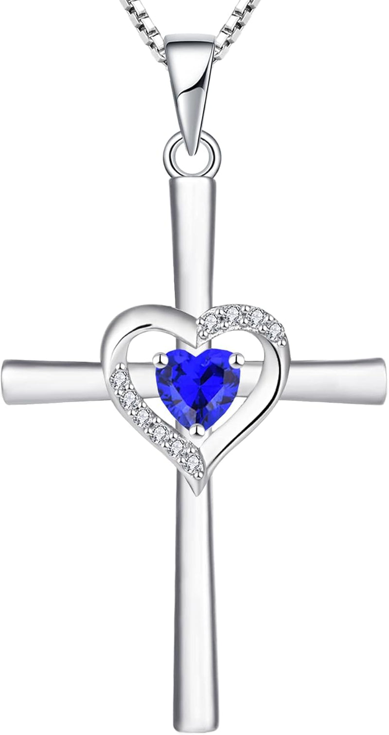Heart Cross Necklace Sterling Silver Crucifix Pendant Gemstones Criss Jewelry for Women